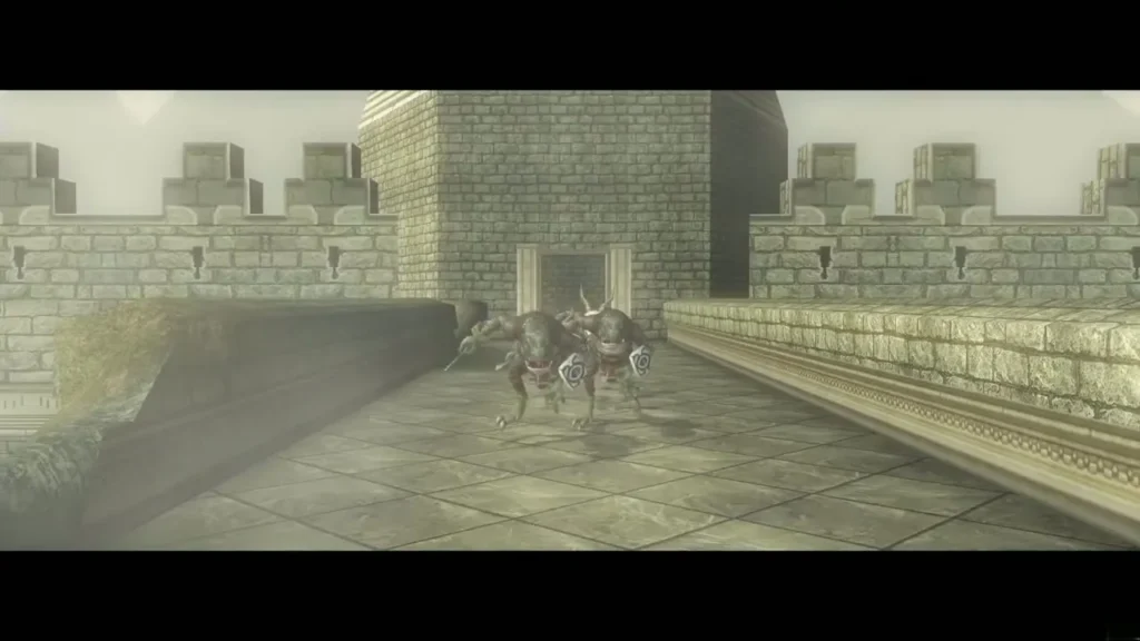 Bokoblin enemies advancing along an outer balcony walkway Bokoblin enemies advancing along an outer balcony walkway