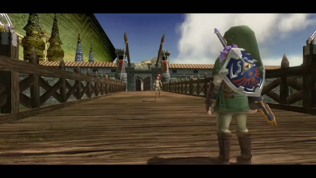 Link walking across a wooden bridge toward the Palace of Twilight gate Link walking across a wooden bridge toward the Palace of Twilight gate