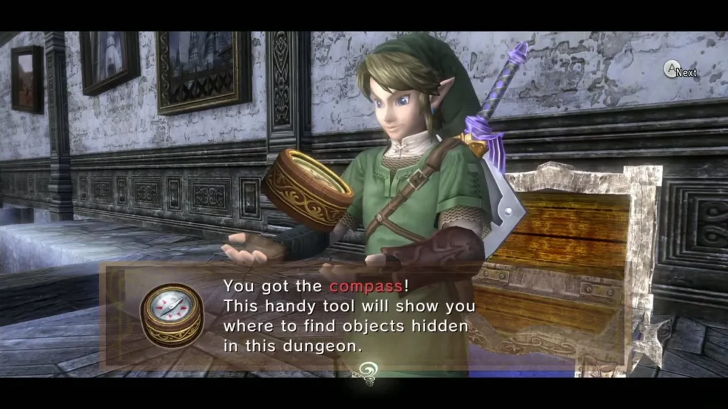 Link holding up the Compass with its message box Link holding up the Compass with its message box