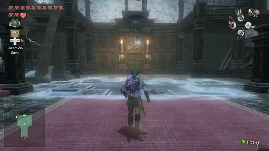 Link standing in the Snowpeak Ruins great hall on a red carpet Link standing in the Snowpeak Ruins great hall on a red carpet