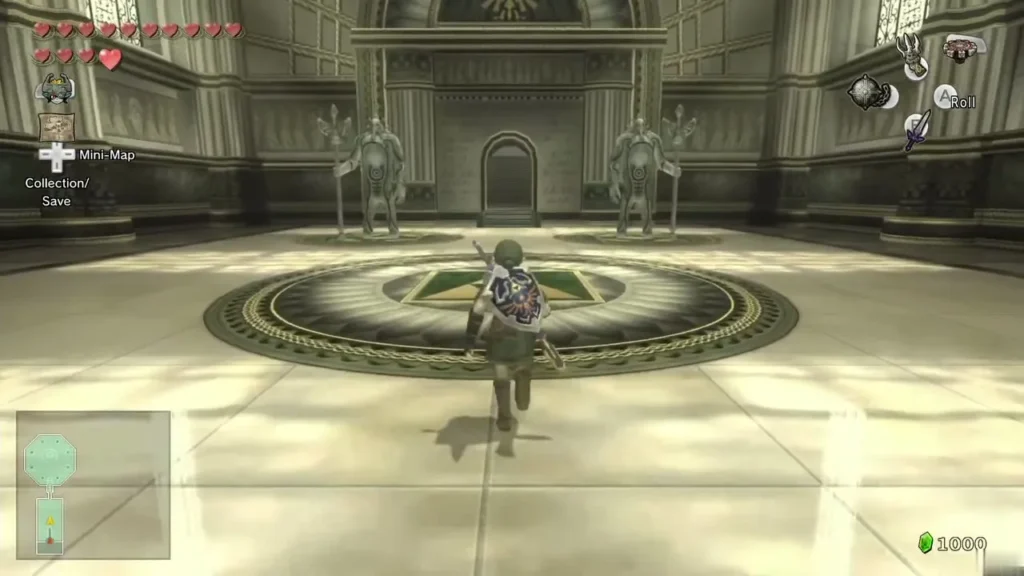 Link walking into the Temple of Time's circular hall with statues Link walking into the Temple of Time's circular hall with statues