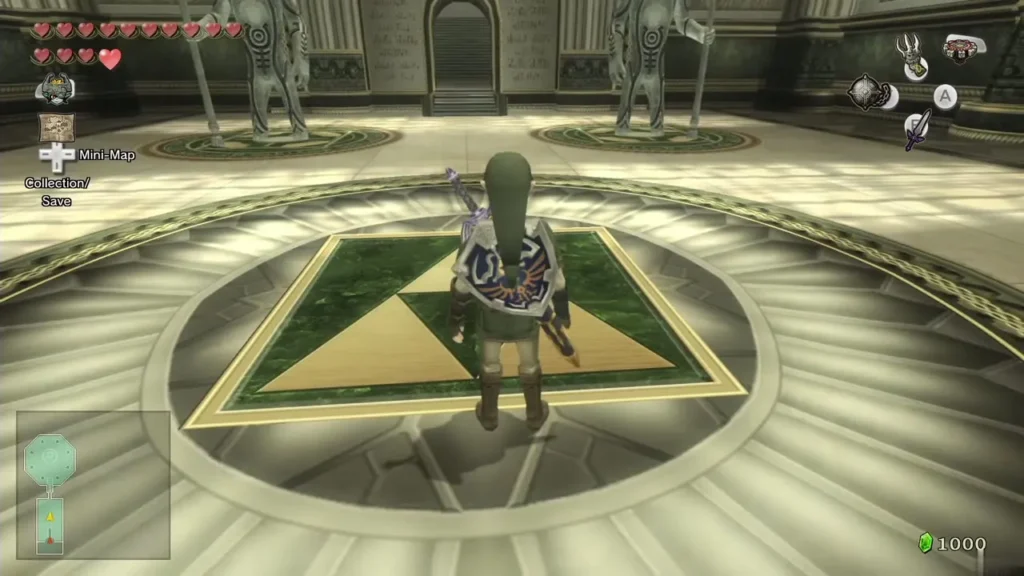 Link standing on the triangle floor pattern in the Temple of Time Link standing on the triangle floor pattern in the Temple of Time