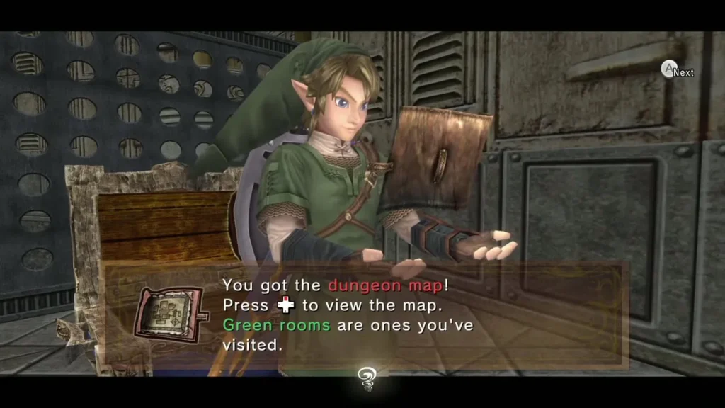 Link holding up the dungeon map with its message box Link holding up the dungeon map with its message box