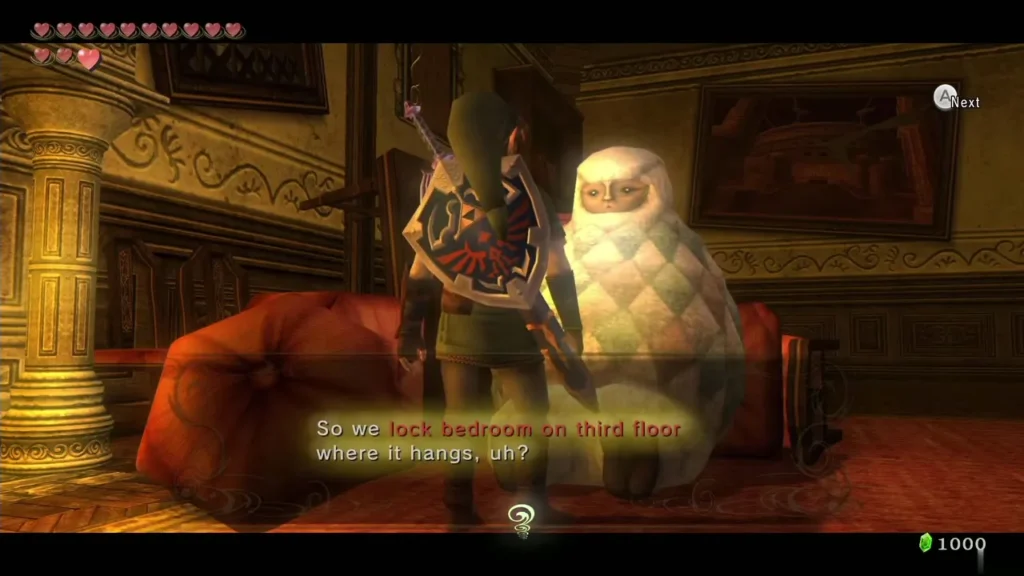 Yeta speaking to Link in a mansion sitting room, next to a red couch Yeta speaking to Link in a mansion sitting room, next to a red couch