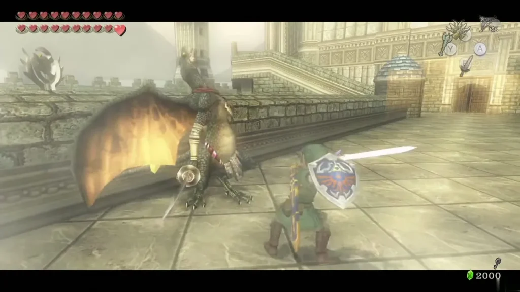Link fighting an Aeralfos on the Hyrule Castle balcony Link fighting an Aeralfos on the Hyrule Castle balcony
