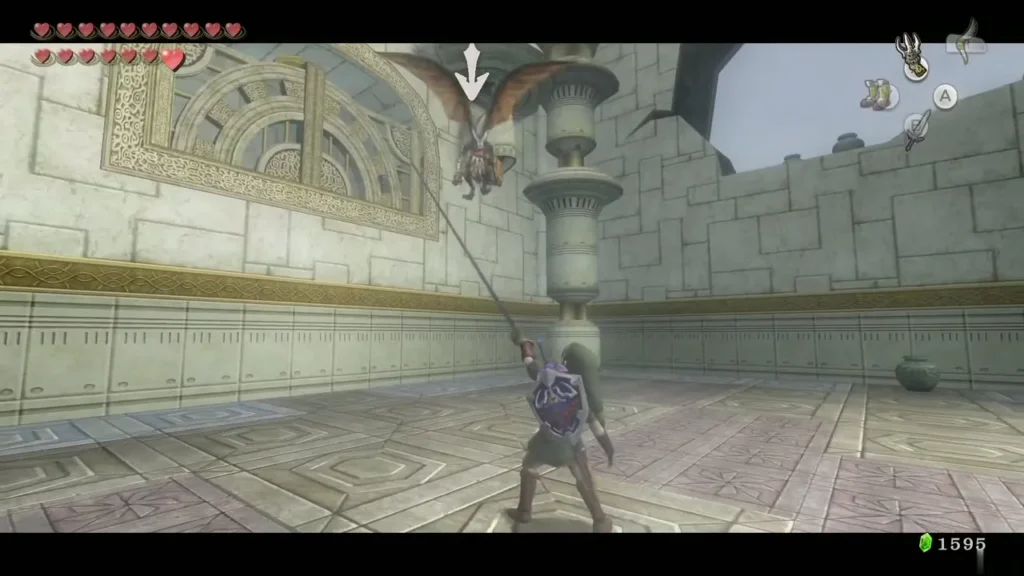Link aiming the Clawshot up at a flying Aeralfos overhead Link aiming the Clawshot up at a flying Aeralfos overhead
