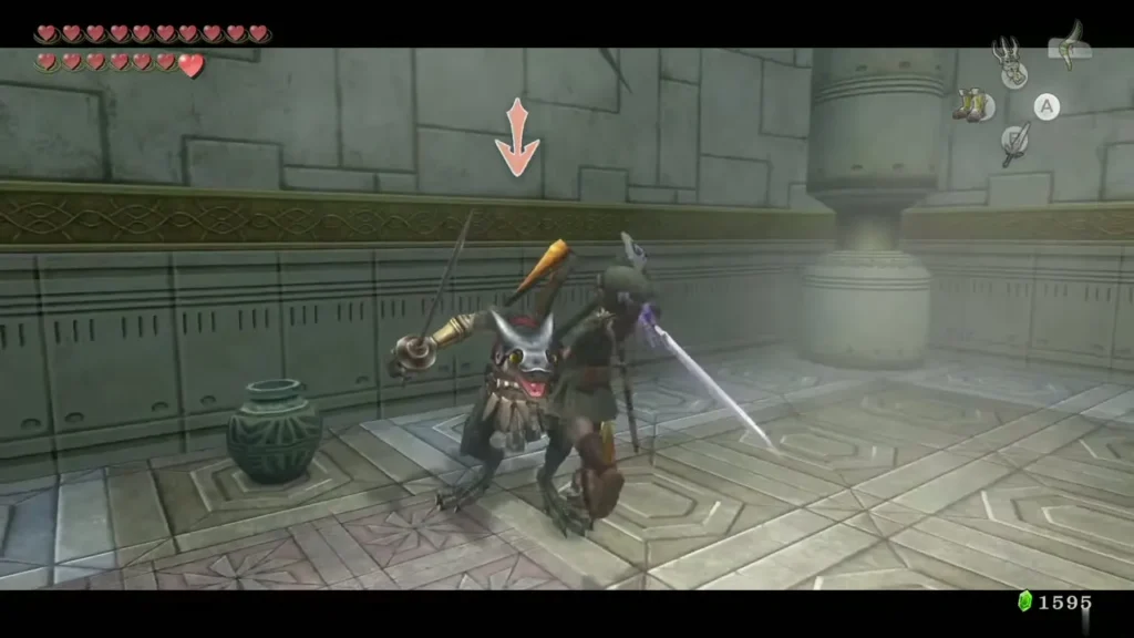 Link slashing a grounded Aeralfos after pulling it down Link slashing a grounded Aeralfos after pulling it down