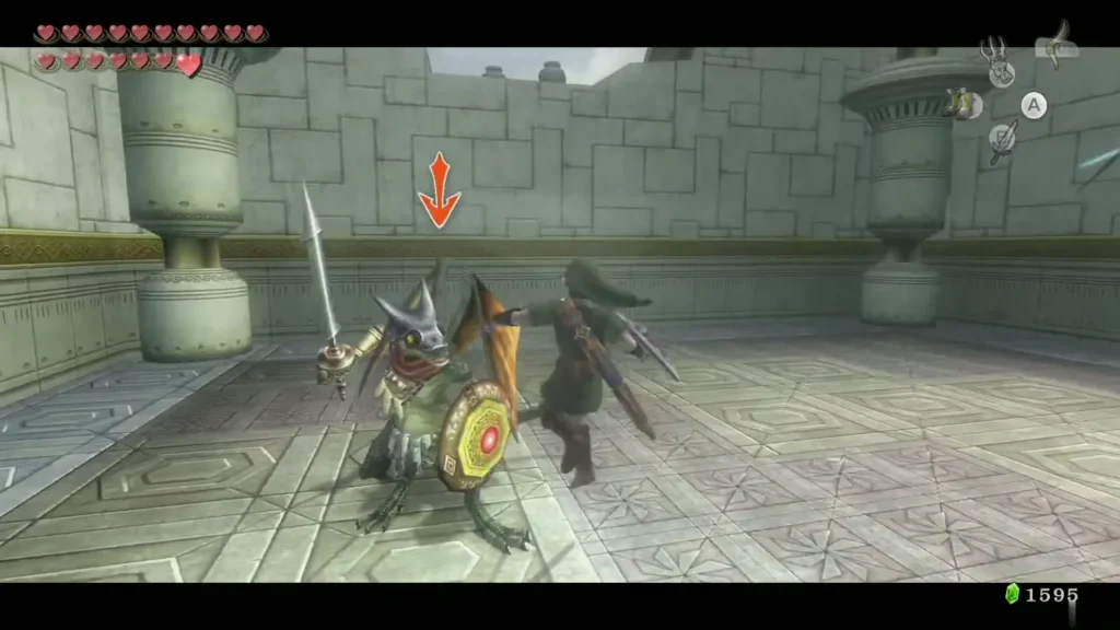 Aeralfos on the castle floor with its shield raised in front of Link Aeralfos on the castle floor with its shield raised in front of Link