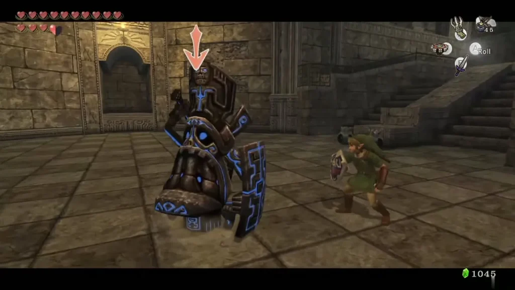 Armos statue with glowing blue markings hopping toward Link Armos statue with glowing blue markings hopping toward Link