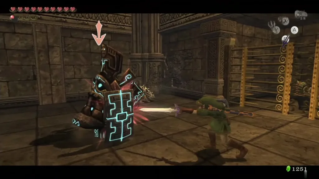Link facing a glowing blue Armos knight in a stone hall Link facing a glowing blue Armos knight in a stone hall