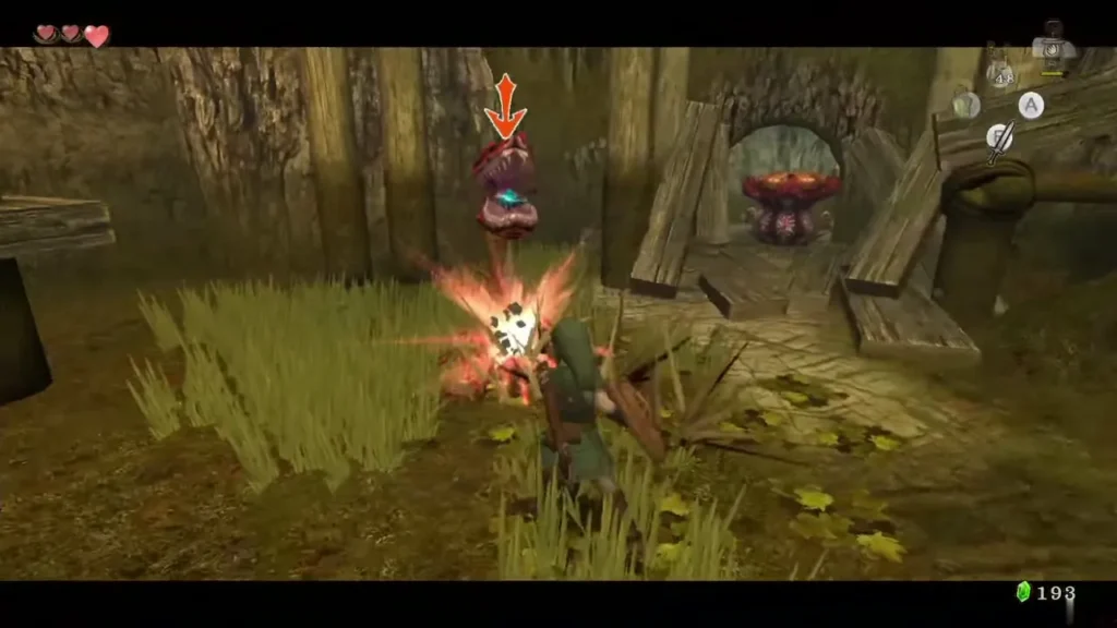 Link attacking a Baba Serpent that has risen out of the grass Link attacking a Baba Serpent that has risen out of the grass