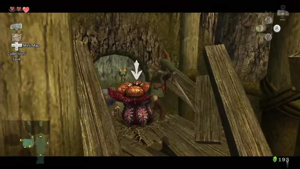 Link striking a Baba Serpent on a wooden walkway in the forest Link striking a Baba Serpent on a wooden walkway in the forest