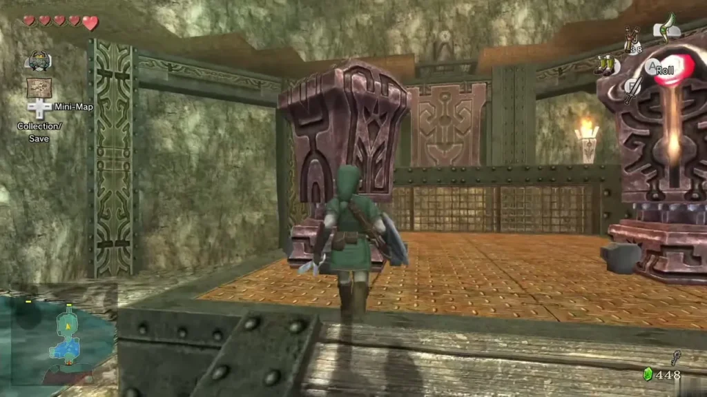 Beamos with its red eye lit on a pillar behind Link in a dungeon room Beamos with its red eye lit on a pillar behind Link in a dungeon room