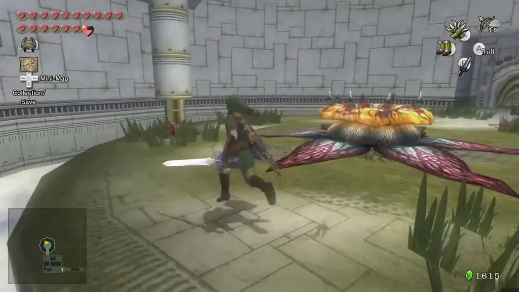 Link slashing a Big Baba with his sword in a stone courtyard Link slashing a Big Baba with his sword in a stone courtyard