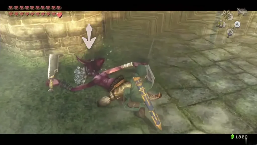 Link slashing a purple Bokoblin in the Hyrule Castle courtyard Link slashing a purple Bokoblin in the Hyrule Castle courtyard