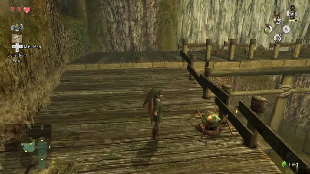 A Bombling walking across a Forest Temple bridge as Link approaches A Bombling walking across a Forest Temple bridge as Link approaches