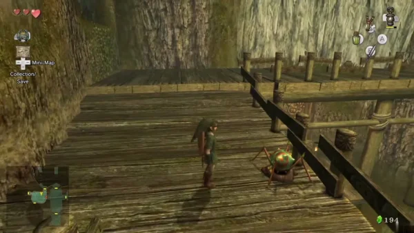 A Bombling walking across a Forest Temple bridge as Link approaches A Bombling walking across a Forest Temple bridge as Link approaches
