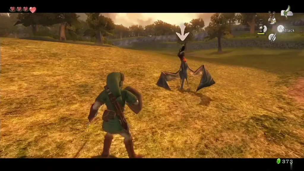 A Bomskit with spread wings standing in the grass of Hyrule Field as Link walks up A Bomskit with spread wings standing in the grass of Hyrule Field as Link walks up