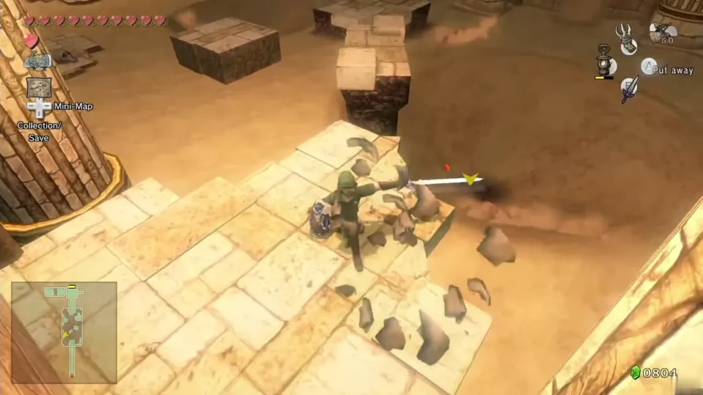 Link firing the Clawshot at a sand worm bursting from the quicksand in the Arbiter's Grounds Link firing the Clawshot at a sand worm bursting from the quicksand in the Arbiter's Grounds