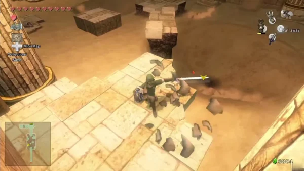 Link firing the Clawshot at a sand worm bursting from the quicksand in the Arbiter's Grounds Link firing the Clawshot at a sand worm bursting from the quicksand in the Arbiter's Grounds