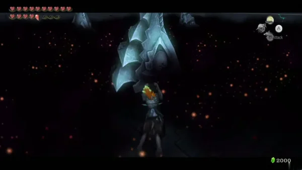 Link facing a giant Zant mask in the dark fog of the Palace of Twilight Link facing a giant Zant mask in the dark fog of the Palace of Twilight