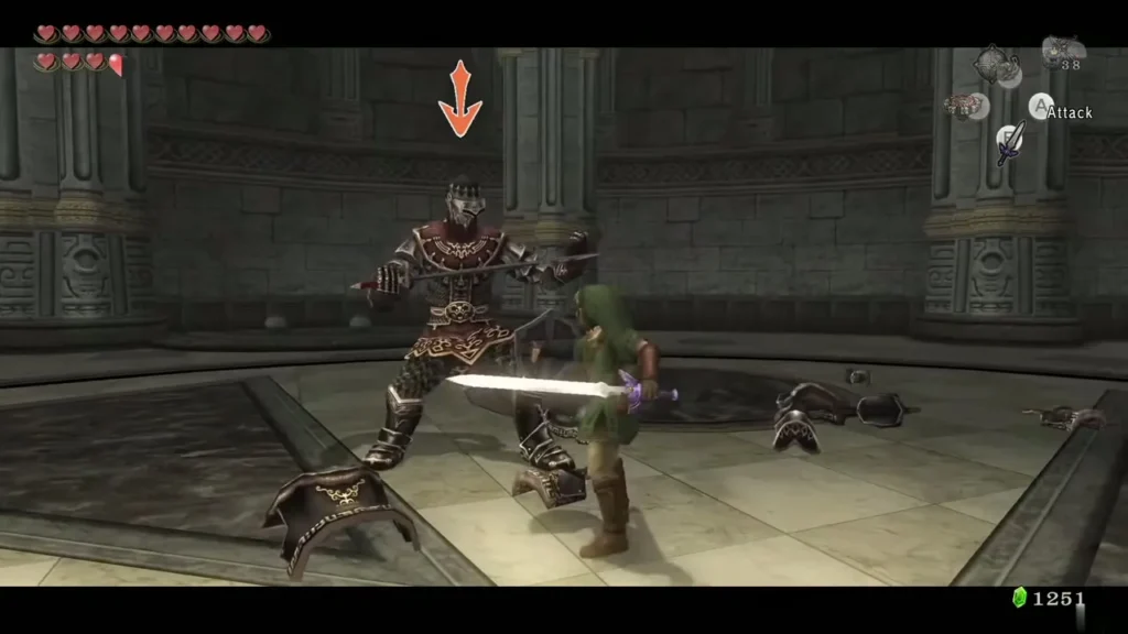 Link fighting a Darknut with armor plates knocked onto the arena floor Link fighting a Darknut with armor plates knocked onto the arena floor