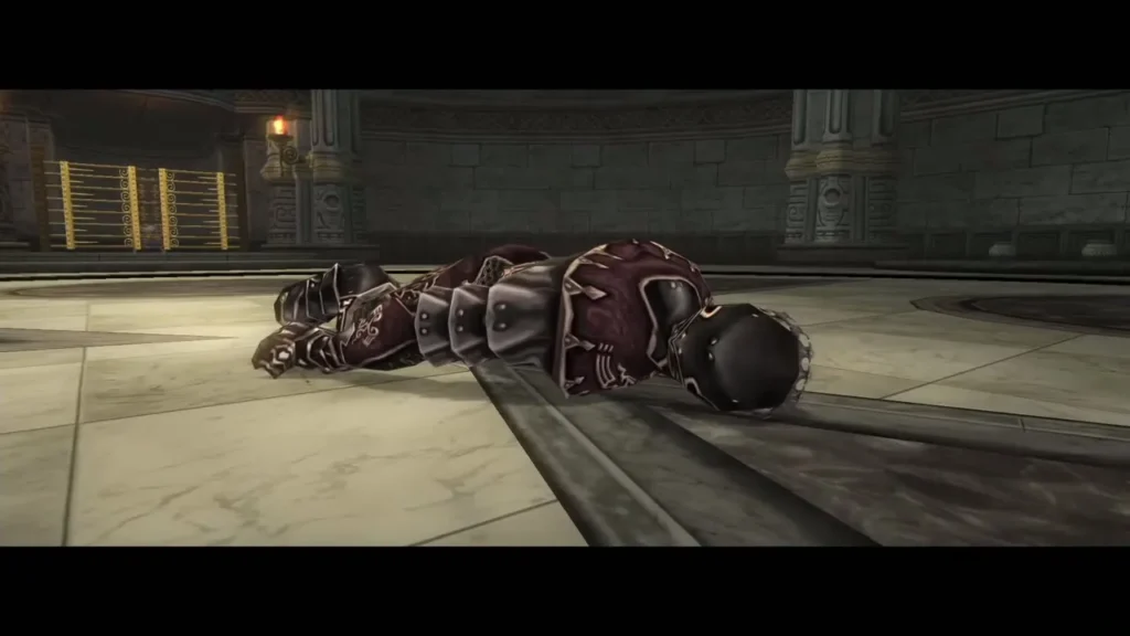 A defeated Darknut and its armor lying on the Temple of Time floor A defeated Darknut and its armor lying on the Temple of Time floor