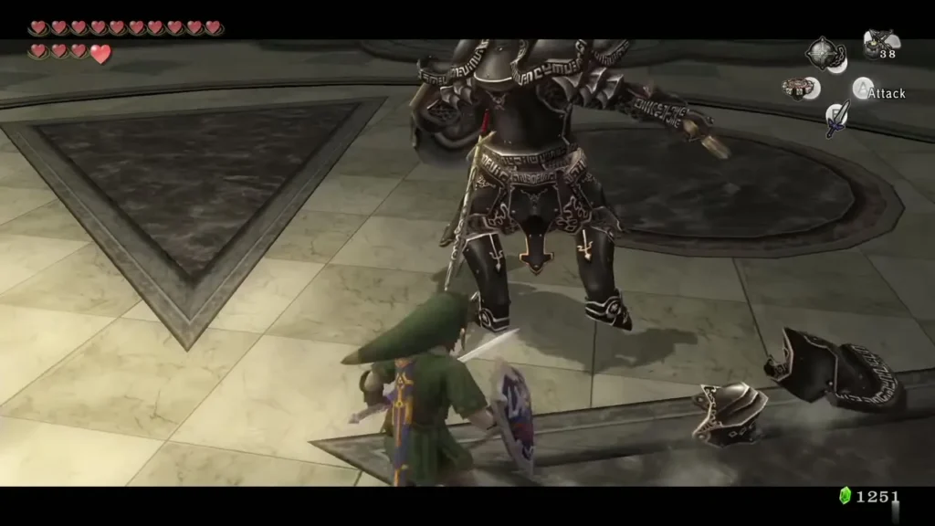 A Darknut in heavy armor looming over Link in the Temple of Time arena A Darknut in heavy armor looming over Link in the Temple of Time arena