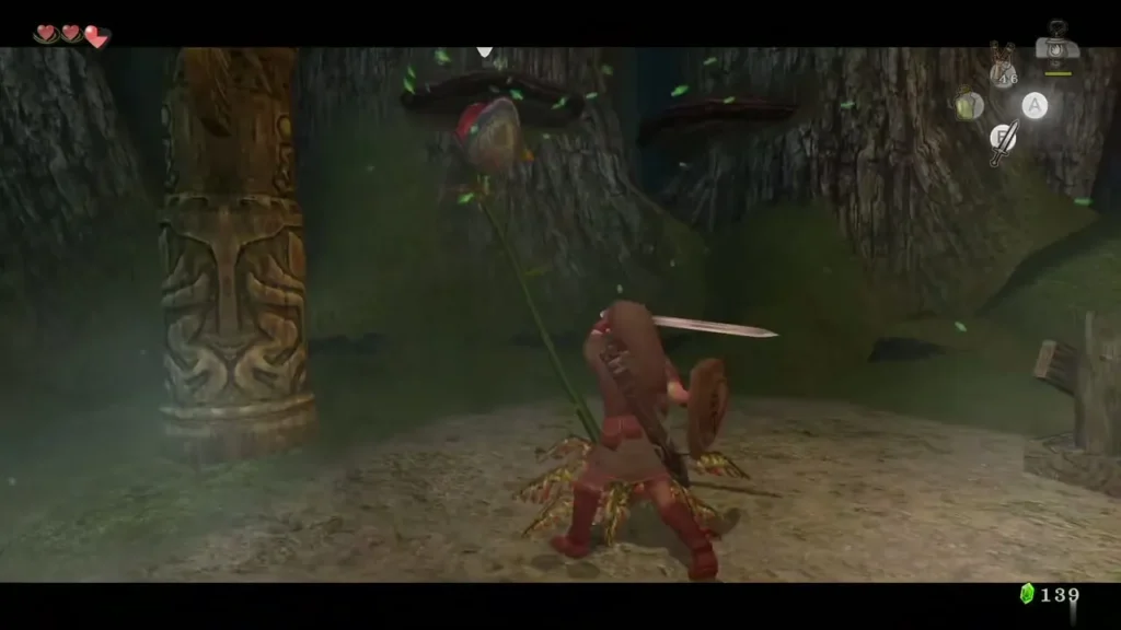 Link facing a red Deku Baba in the Forest Temple entrance hall Link facing a red Deku Baba in the Forest Temple entrance hall