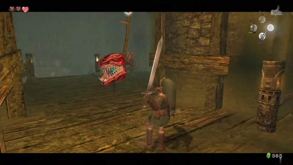 A Deku Baba hanging from a beam in the Forest Temple as Link raises his sword A Deku Baba hanging from a beam in the Forest Temple as Link raises his sword