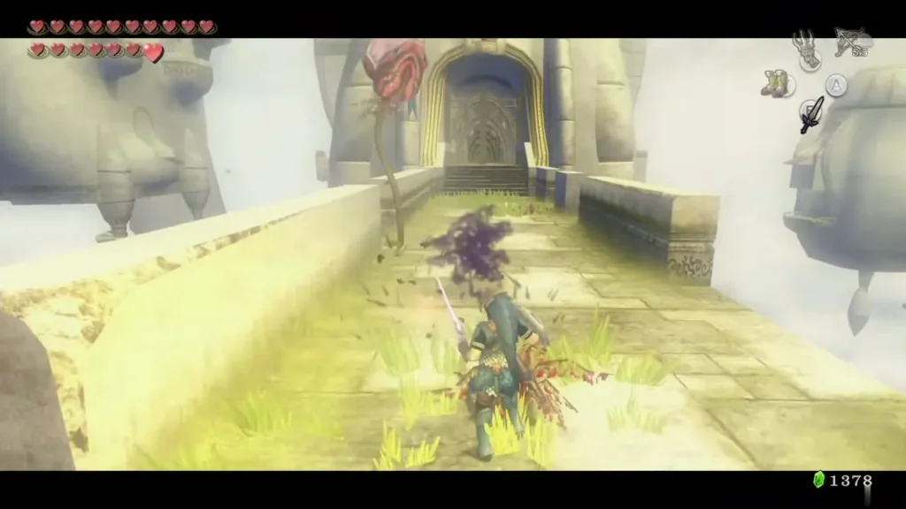 Link slashing a Deku Baba near the Lakebed Temple entrance, Deku Baba targeted Link slashing a Deku Baba near the Lakebed Temple entrance, Deku Baba targeted