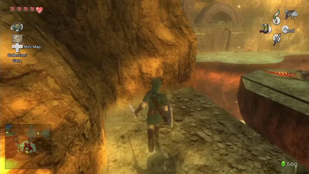 A Dodongo breathing fire at Link in a lava hall A Dodongo breathing fire at Link in a lava hall