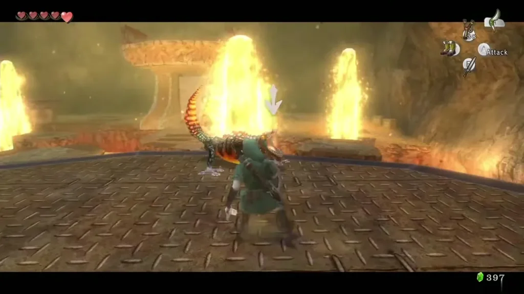 Link dodging flames from a Dodongo's mouth in a fiery chamber Link dodging flames from a Dodongo's mouth in a fiery chamber