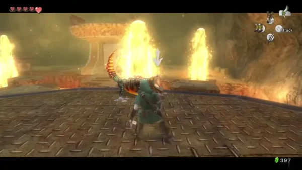 Link dodging flames from a Dodongo's mouth in a fiery chamber Link dodging flames from a Dodongo's mouth in a fiery chamber