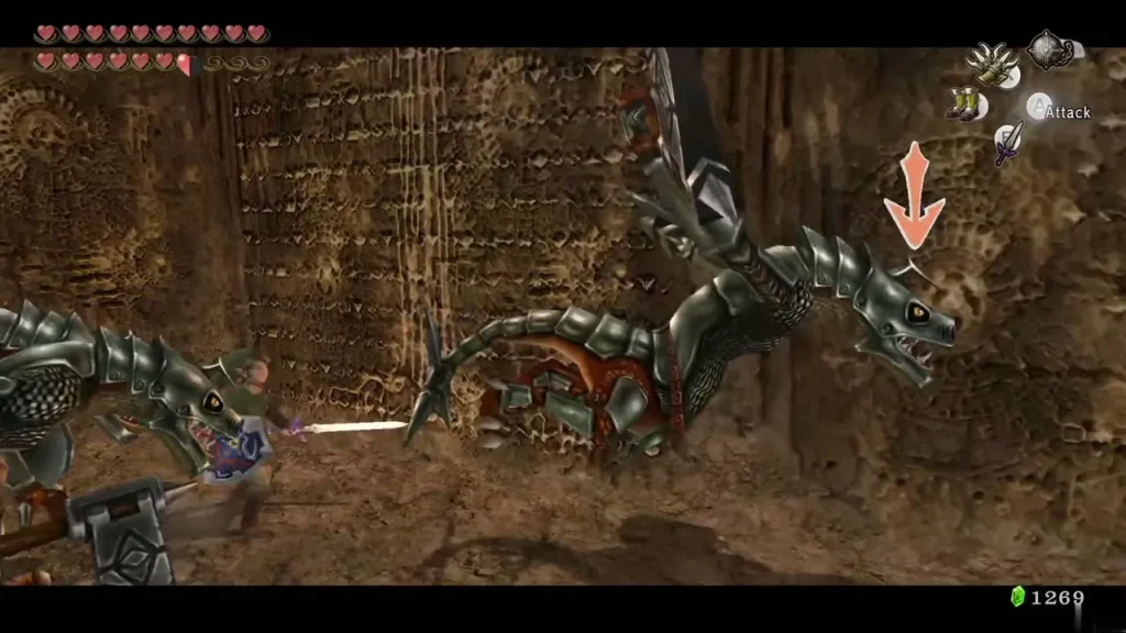 Link locked on to an armored Dynalfos with a large shield in a dark stone hall Link locked on to an armored Dynalfos with a large shield in a dark stone hall