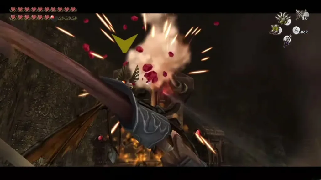 Fire beam shooting from a dungeon statue as Link aims his bow Fire beam shooting from a dungeon statue as Link aims his bow