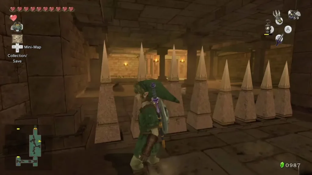 Link beside rows of stone floor spikes in a dungeon room Link beside rows of stone floor spikes in a dungeon room