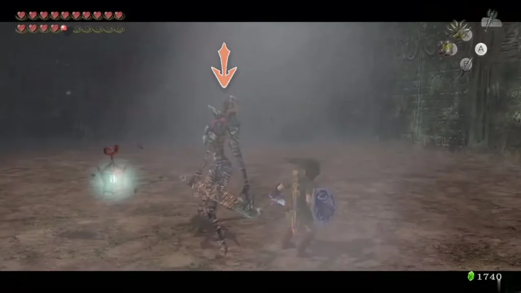 A bandaged Gibdo locked on by Link in a misty dungeon hall A bandaged Gibdo locked on by Link in a misty dungeon hall