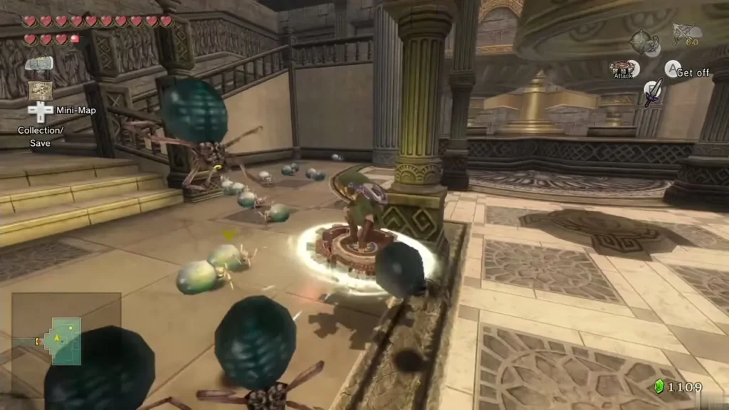 Link spin attacking among teal Gohma eggs and small spiders Link spin attacking among teal Gohma eggs and small spiders