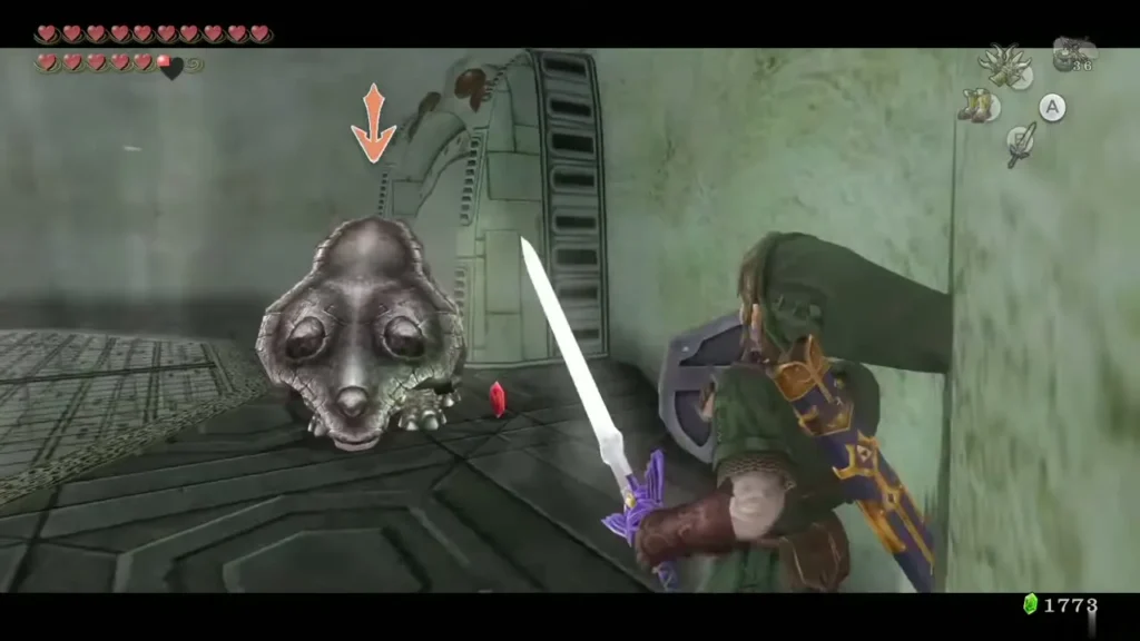Link slashing the exposed head of a Helmasaur in the fan room Link slashing the exposed head of a Helmasaur in the fan room
