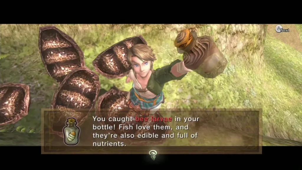 Link holding up a bottle of bee larvae after knocking down a hornet nest Link holding up a bottle of bee larvae after knocking down a hornet nest