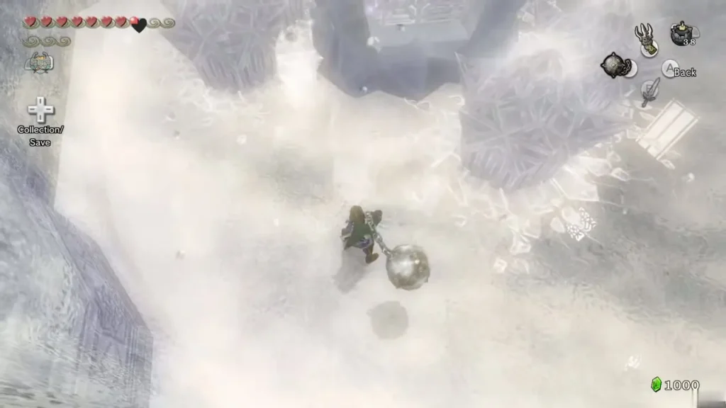Overhead view of Link smashing ice spikes with the Ball and Chain Overhead view of Link smashing ice spikes with the Ball and Chain