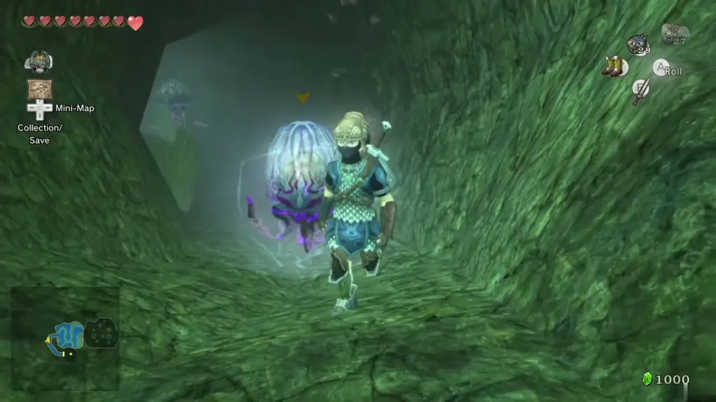 A jellyfish's electric field glowing beside Link in an underwater cave A jellyfish's electric field glowing beside Link in an underwater cave