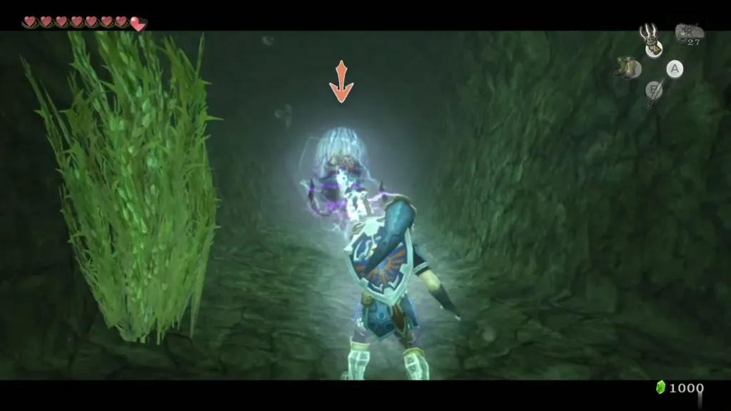 Link standing in a purple jellyfish's electric glow underwater Link standing in a purple jellyfish's electric glow underwater