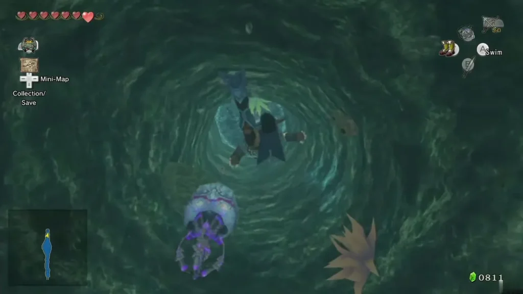 Link swimming in a whirlpool near a purple jellyfish underwater Link swimming in a whirlpool near a purple jellyfish underwater