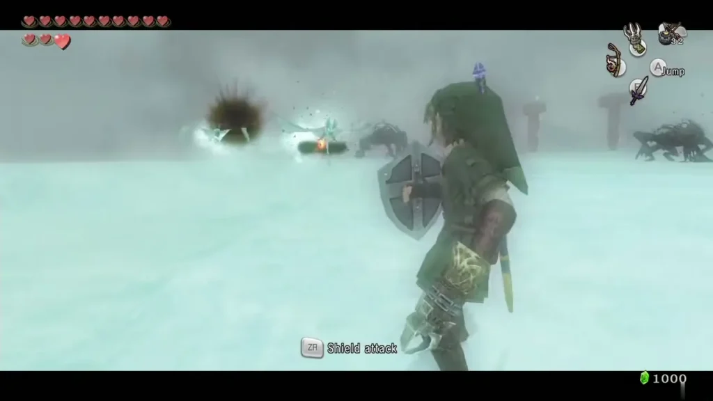 Link with shield facing a dark spiked flying creature in a snowy cavern Link with shield facing a dark spiked flying creature in a snowy cavern