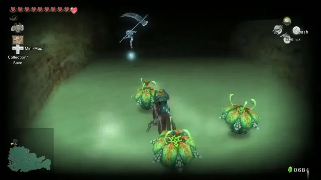 Three green Leevers circle a wolf-form Link in a sandy hollow Three green Leevers circle a wolf-form Link in a sandy hollow