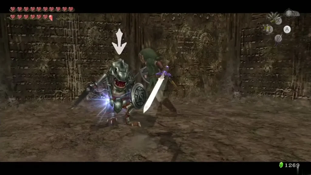 Link striking an armored Dynalfos with its sword in a dark stone hall Link striking an armored Dynalfos with its sword in a dark stone hall