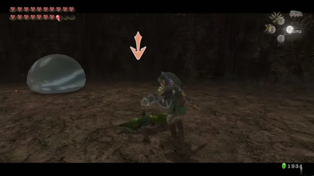 Link swinging the Ball and Chain at a clear Chu in a dim cavern Link swinging the Ball and Chain at a clear Chu in a dim cavern