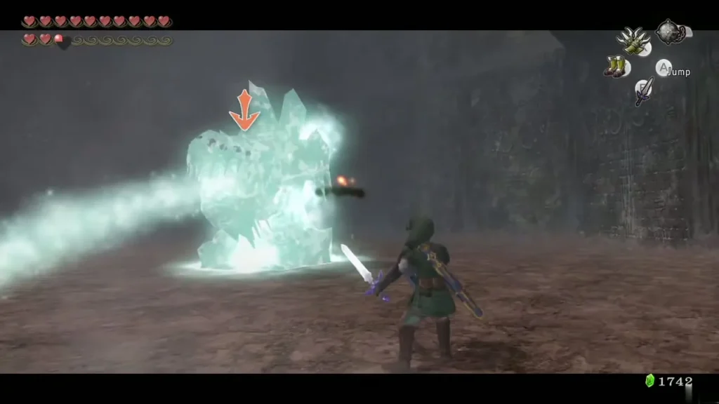 Link with his sword drawn facing a large Freezard in an icy cave Link with his sword drawn facing a large Freezard in an icy cave
